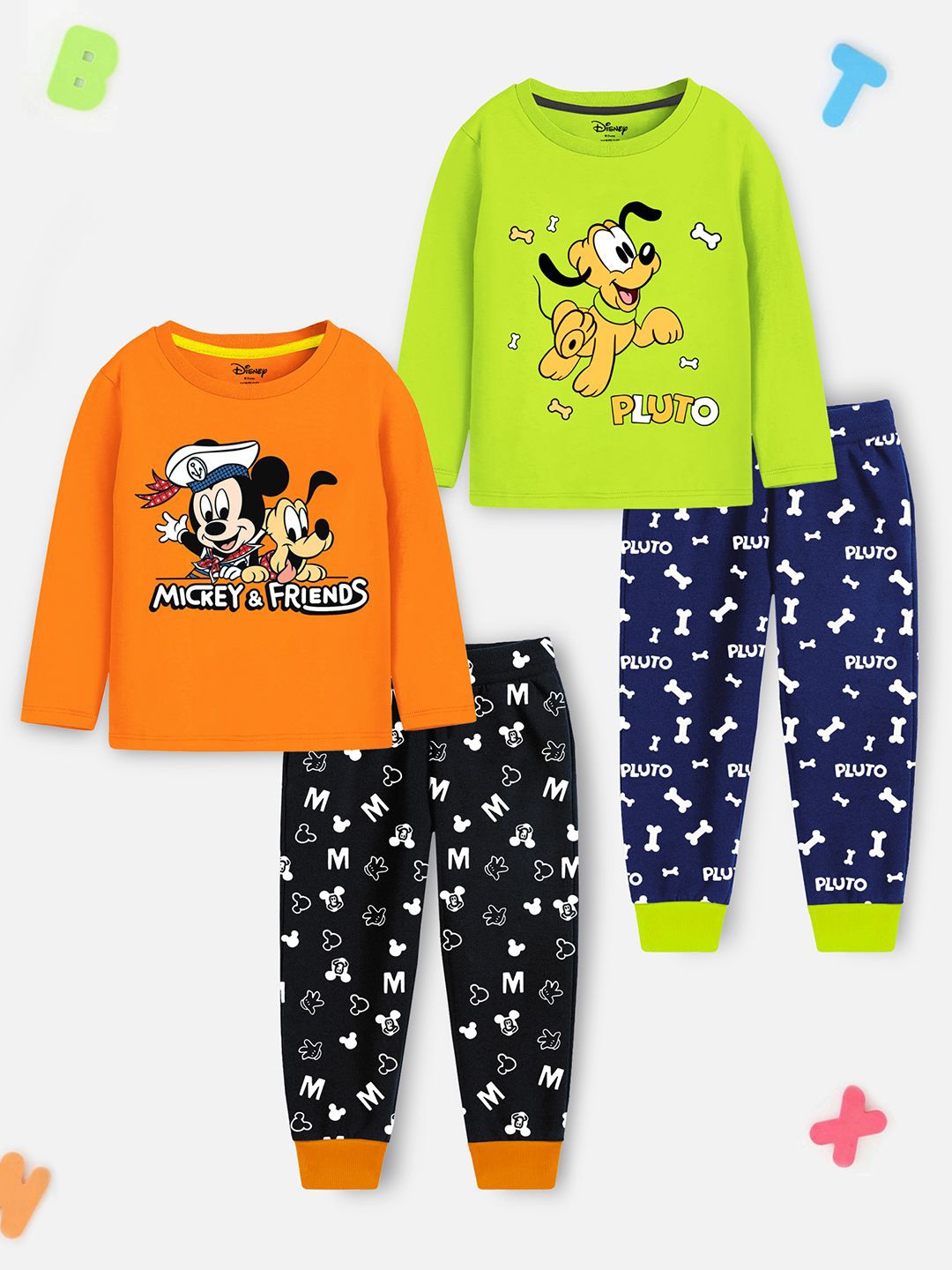 

YK Disney Boys Pack of 2 Mickey & Friends Printed T-shirt with Joggers, Orange