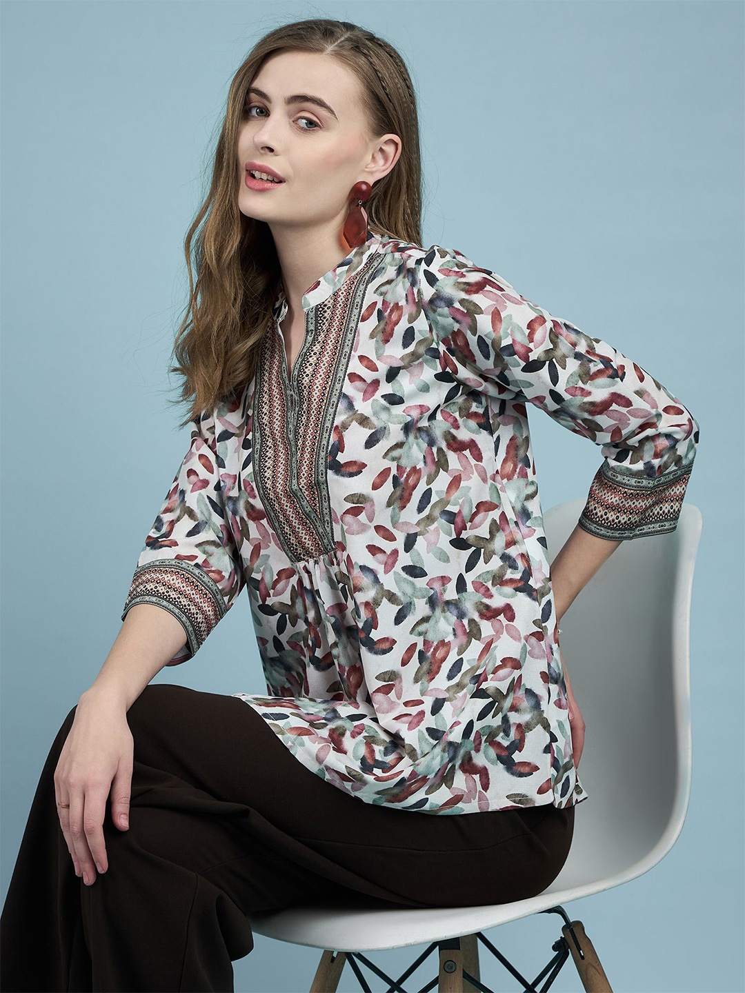 

A.V.M Prints Floral Print Mandarin Collar Cotton Top, Cream