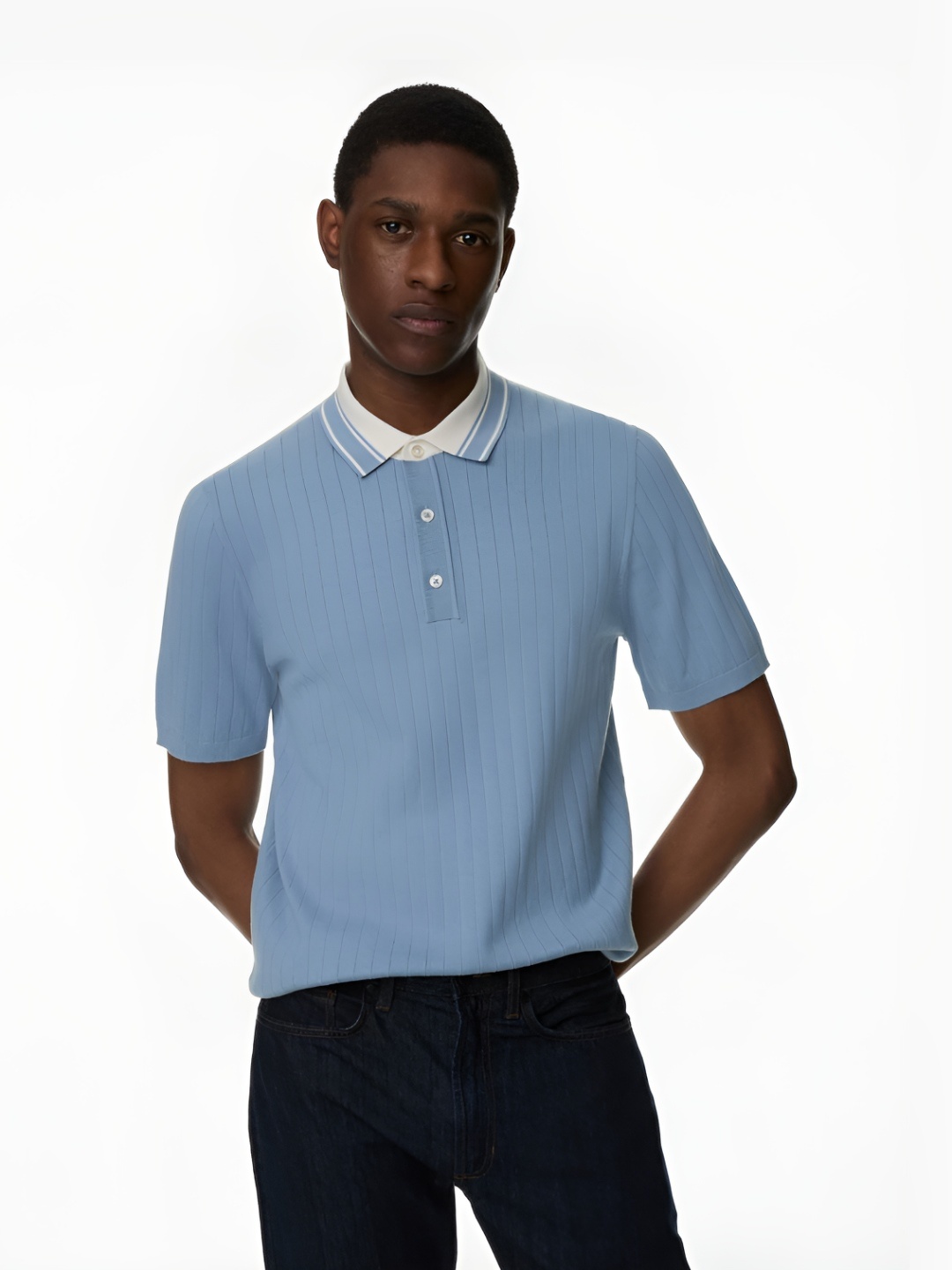 

Marks & Spencer Men Solid Polo Collar Cotton T-shirt, Blue