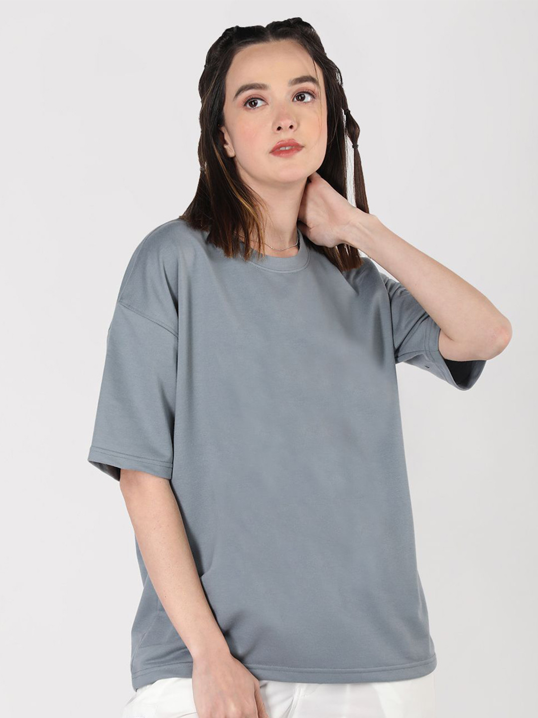 

The Roadster Lifestyle Co. Women Solid Round Neck Cotton Oversized T-shirt, Grey