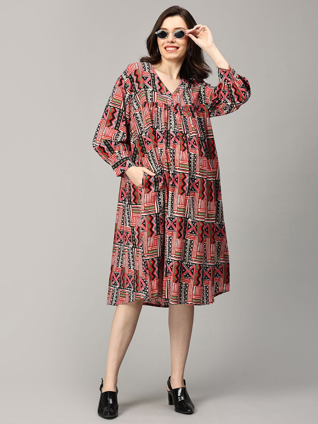

The Mom Store Abstract Puff Sleeve Maternity A-Line Dress, Maroon