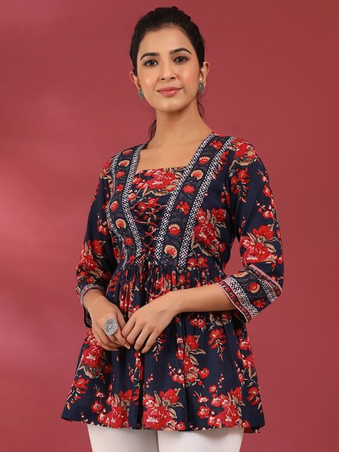 

A.V.M Prints Floral Print Cotton Peplum Top, Blue
