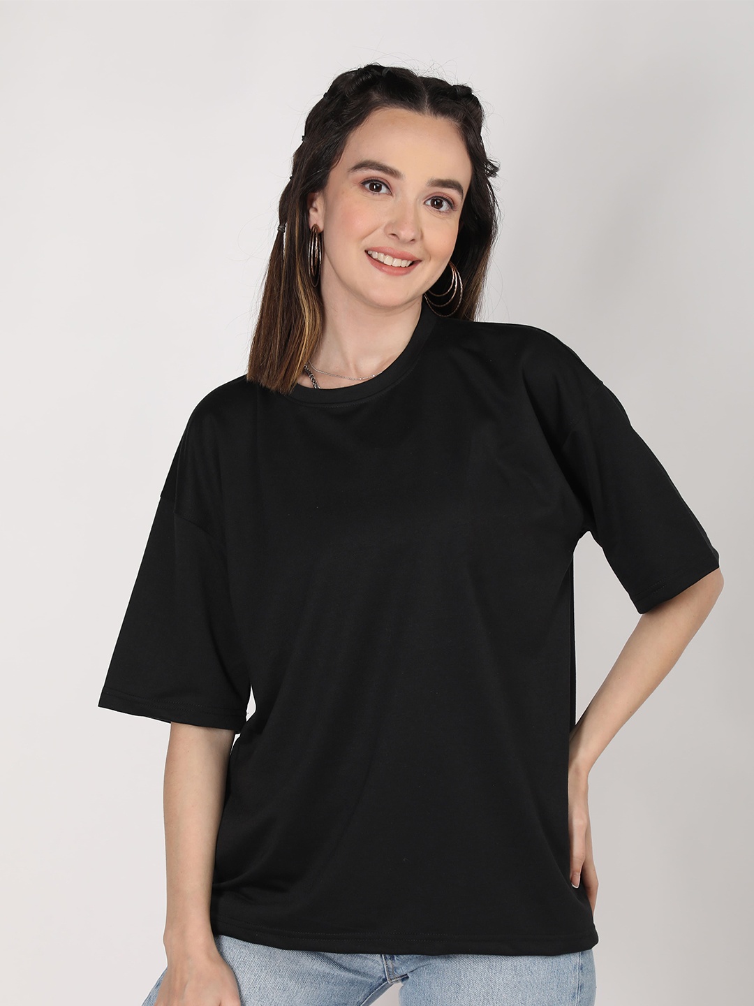 

The Roadster Lifestyle Co. Women Solid Round Neck Cotton Oversized T-shirt, Black