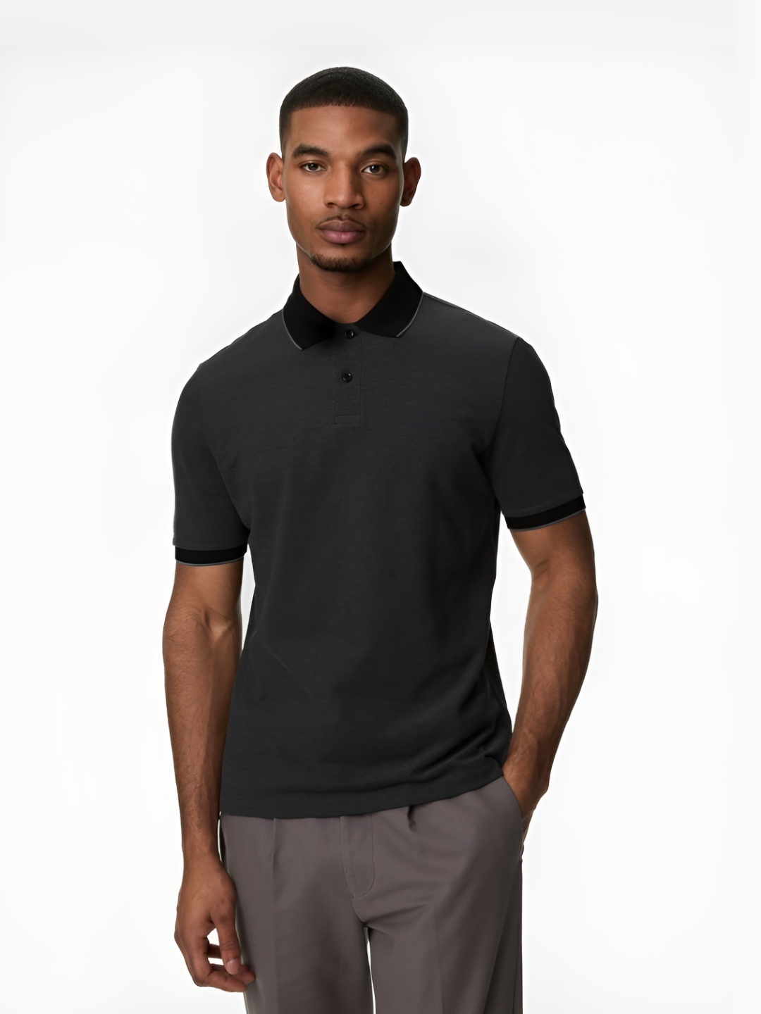 

Marks & Spencer Men Solid Polo Collar Cotton T-shirt, Black