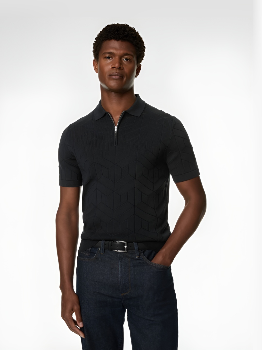 

Marks & Spencer Men Printed Polo Collar Cotton T-shirt, Black