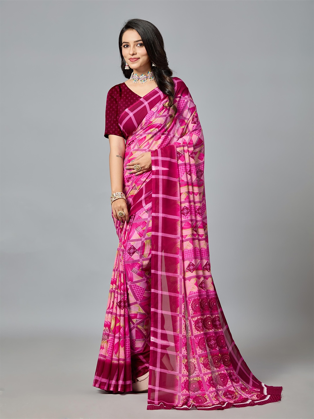 

VIRICA Women Printed Soft Saree With Blouse Piece, Pink