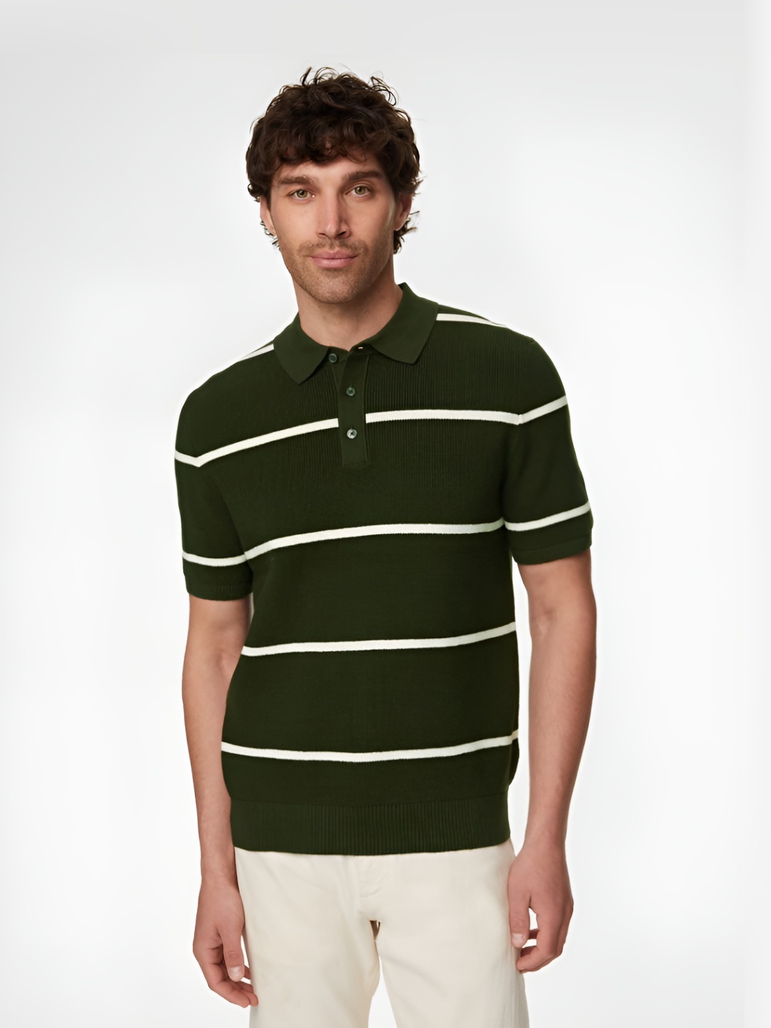 

Marks & Spencer Men Striped Polo Collar Cotton T-shirt, Khaki