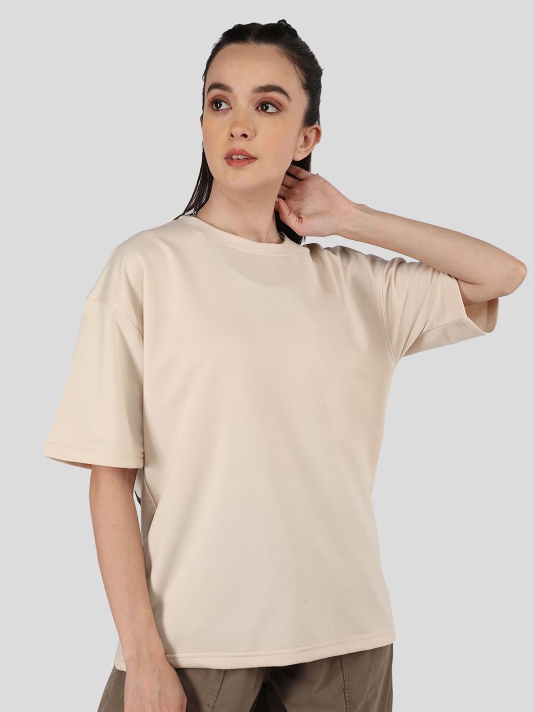 

The Roadster Lifestyle Co. Women Solid Round Neck Cotton Oversized T-shirt, Beige