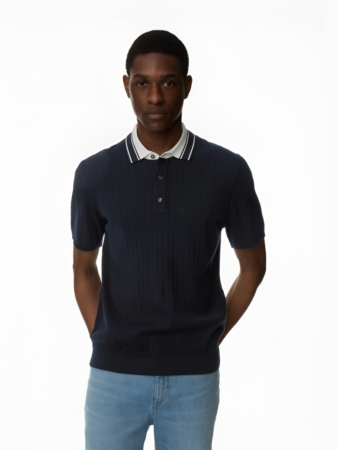 

Marks & Spencer Men Solid Polo Collar Cotton T-shirt, Navy blue