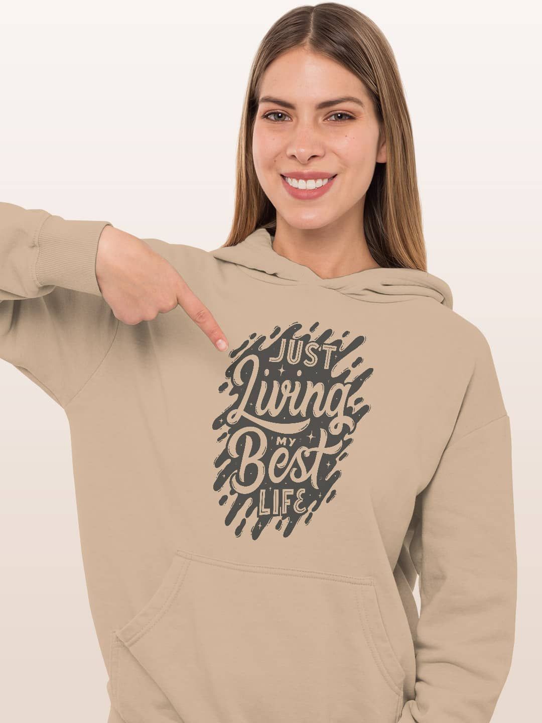 

macmerise Women Printed Hooded Sweatshirt, Beige