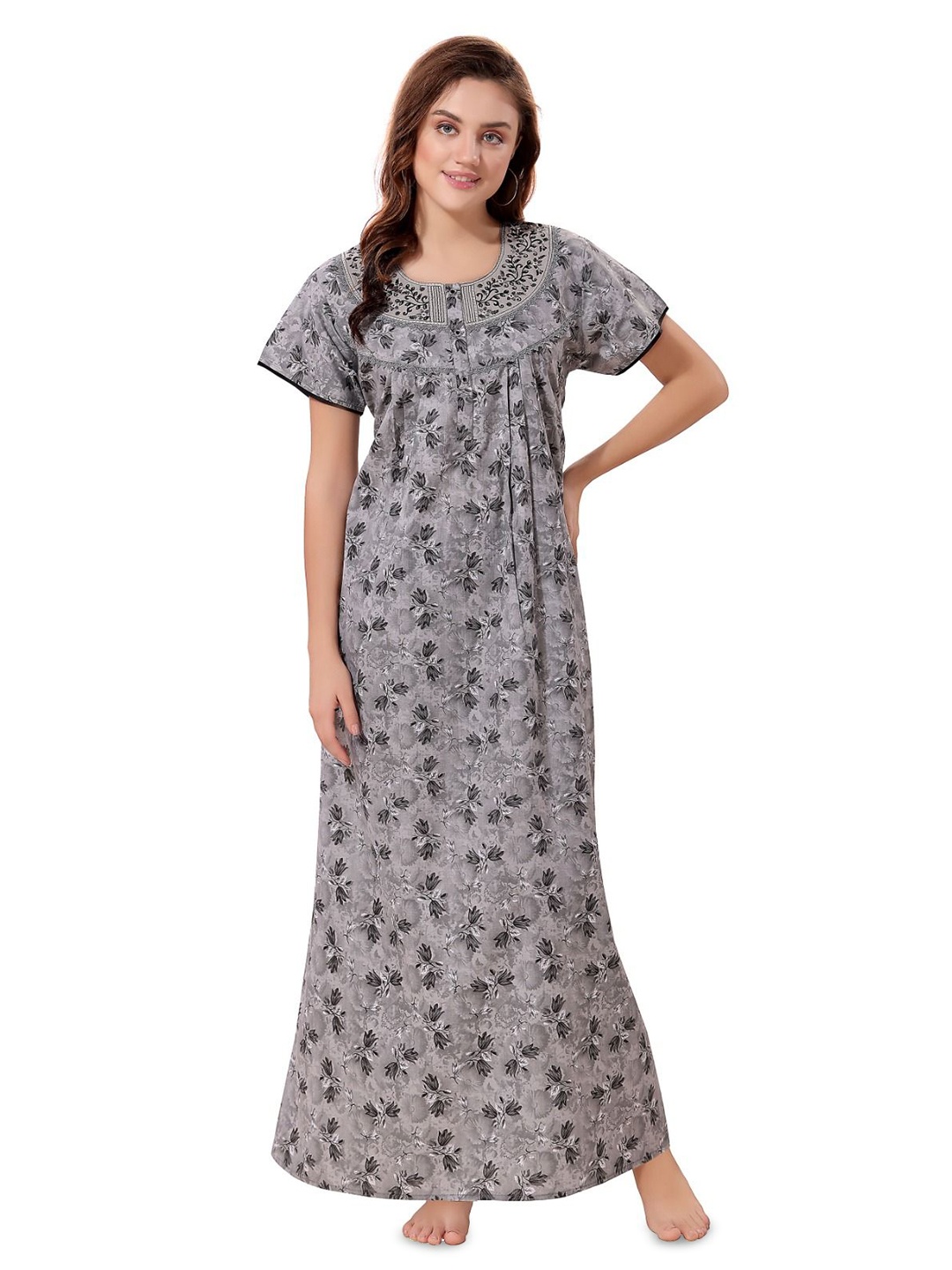 

Soulemo Women Pure Cotton Printed Maxi Nightdress, Grey