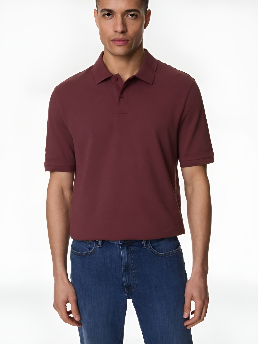 

Marks & Spencer Men Solid Polo Collar Cotton T-shirt, Maroon