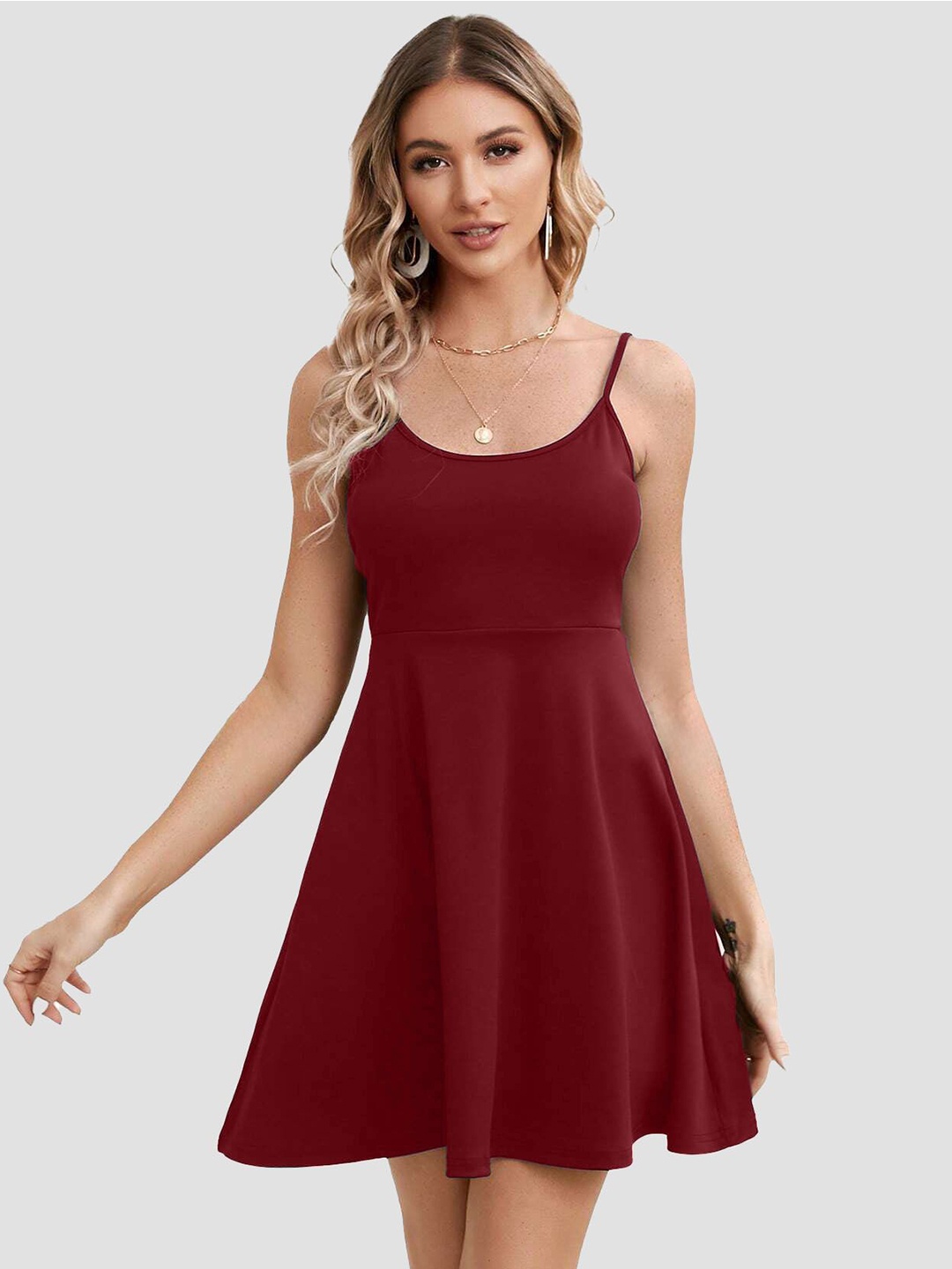 

Tivante Shoulder Straps Sleeveless Mini Fit & Flare Dress, Maroon