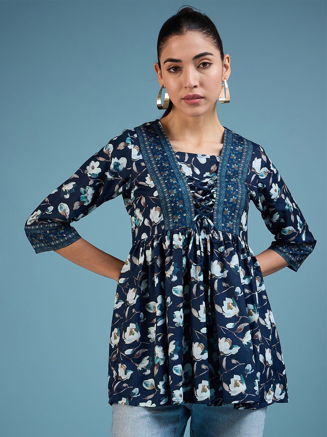 

A.V.M Prints Floral Print Cotton Empire Top, Navy blue