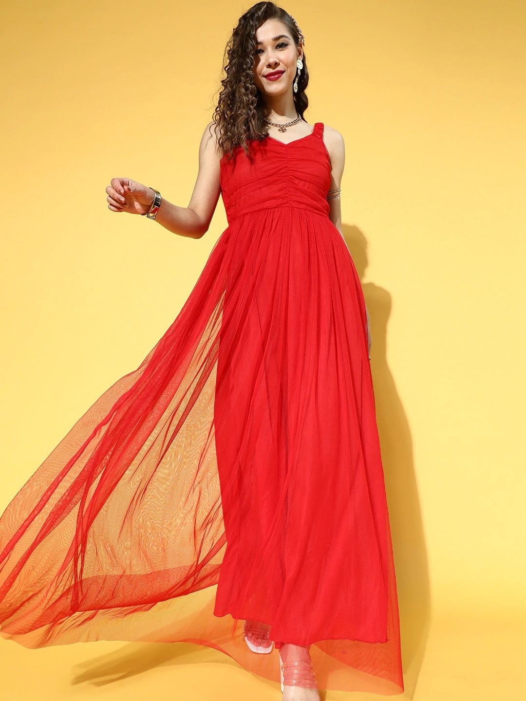

U&F Net Shoulder Strap Flared Maxi Dress, Red