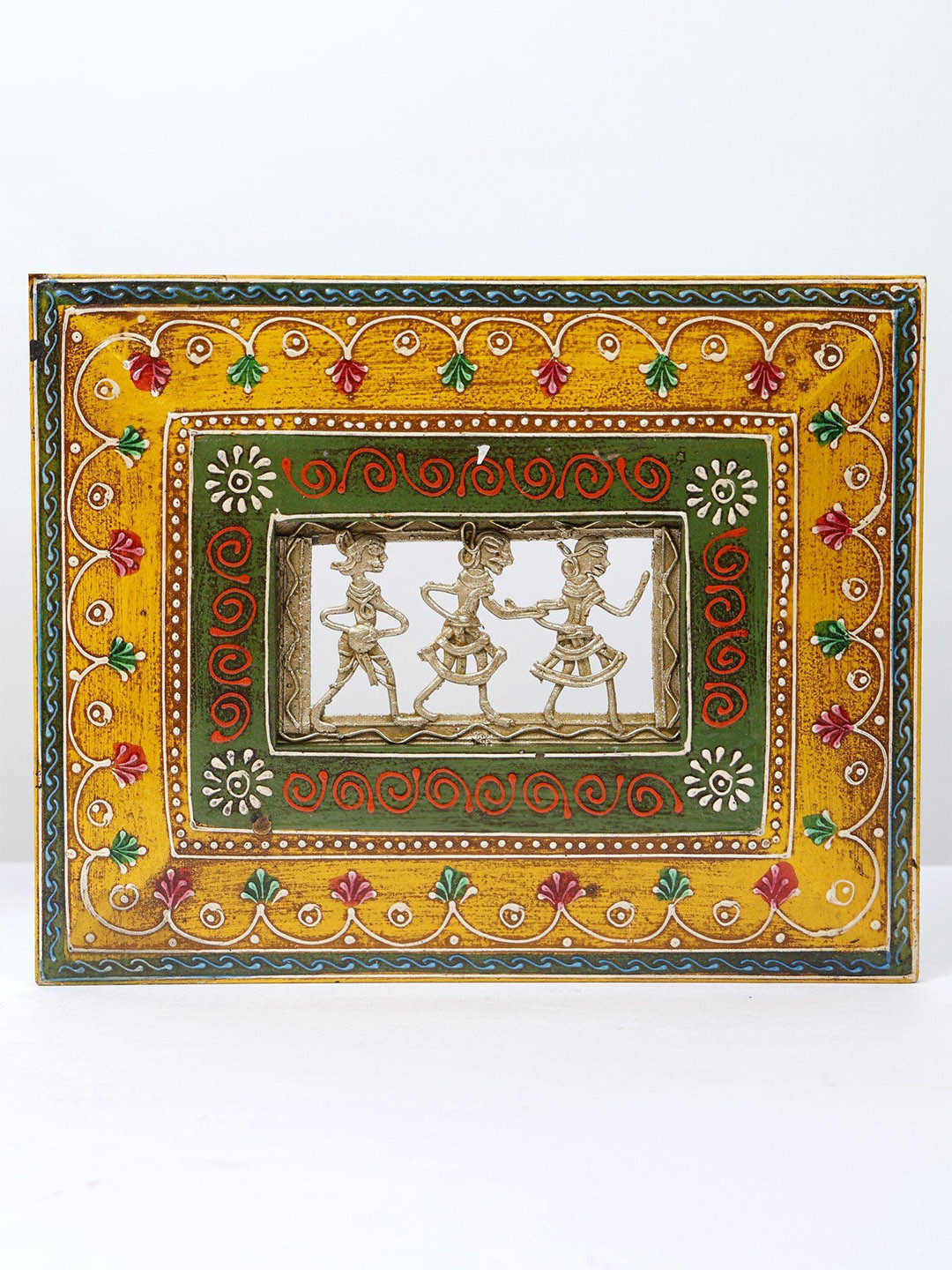 

Exotic India 10" Yellow Wall Hanging Wood Framed Warli Art in Brass