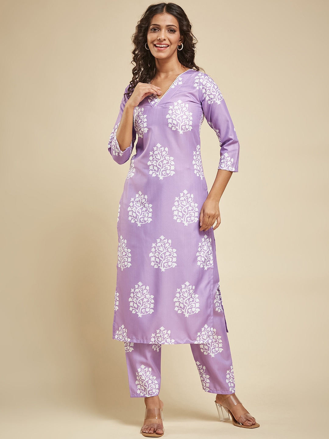 

KALINI Floral Printed V Neck Straight Kurta With Trousers, Purple