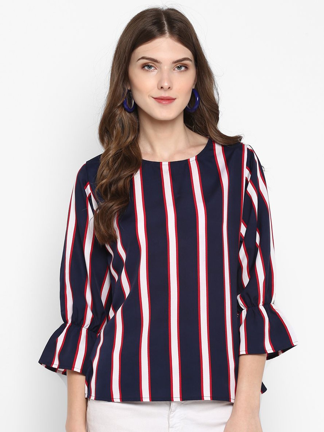 

Indietoga Women Striped Flounce Sleeve Top, Blue