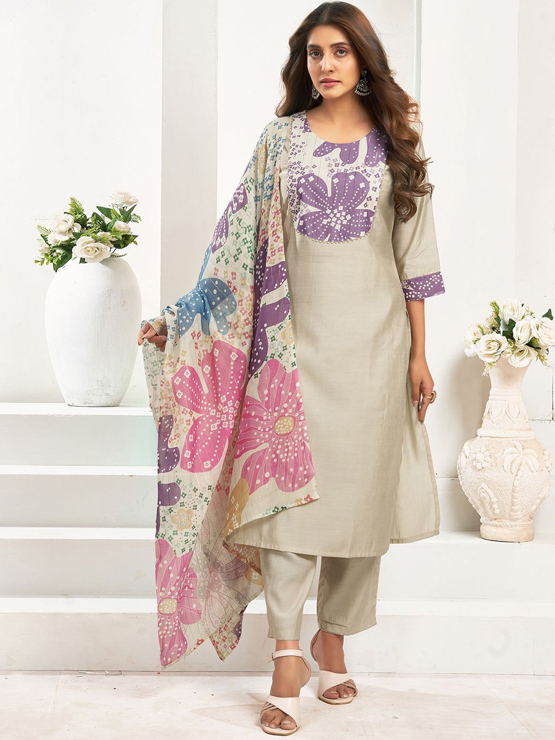 

KALINI Floral Printed Straight Kurta with Trousers & Dupatta, Beige