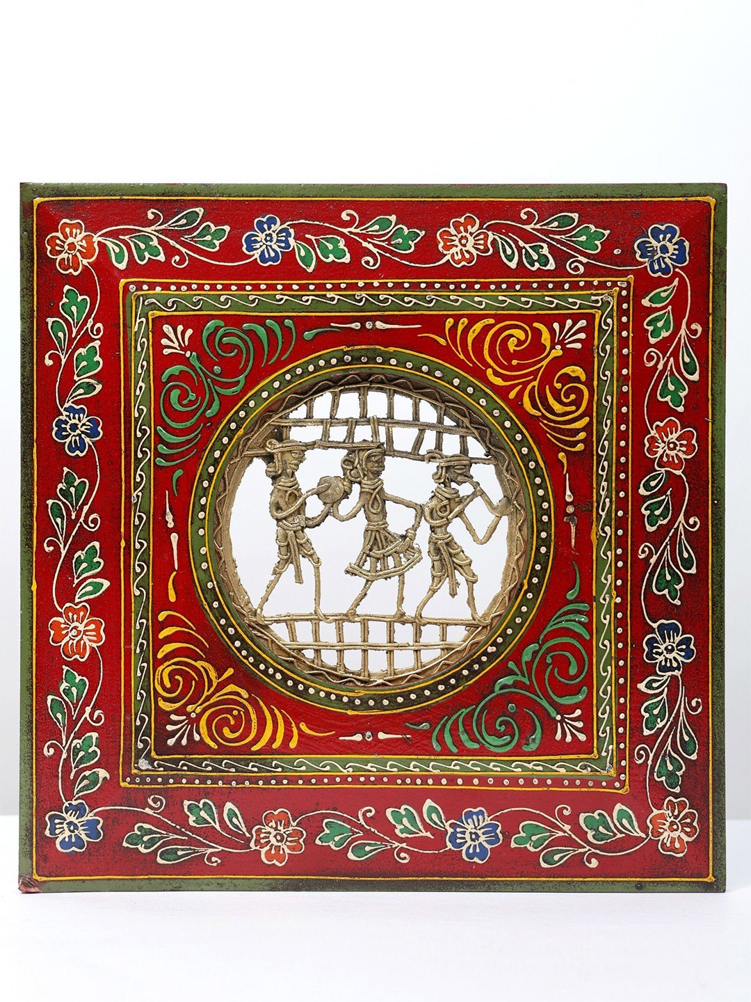 

Exotic India Square Shaped Wooden Framed Brass Warli Art Wall Hanging, Maroon