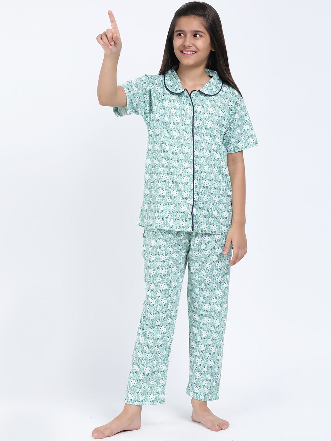 

Elzoh Girls Floral Printed Pure Cotton Shirt & Pyjama Night suit, Green