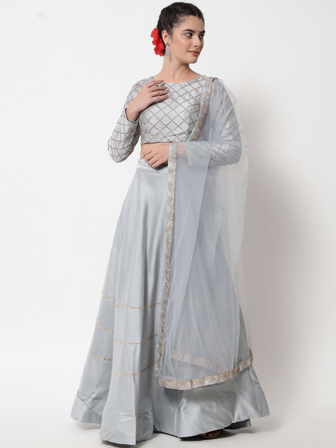 

Fabcartz Embroidered Semi-Stitched Lehenga & Unstitched Blouse With Dupatta, Grey