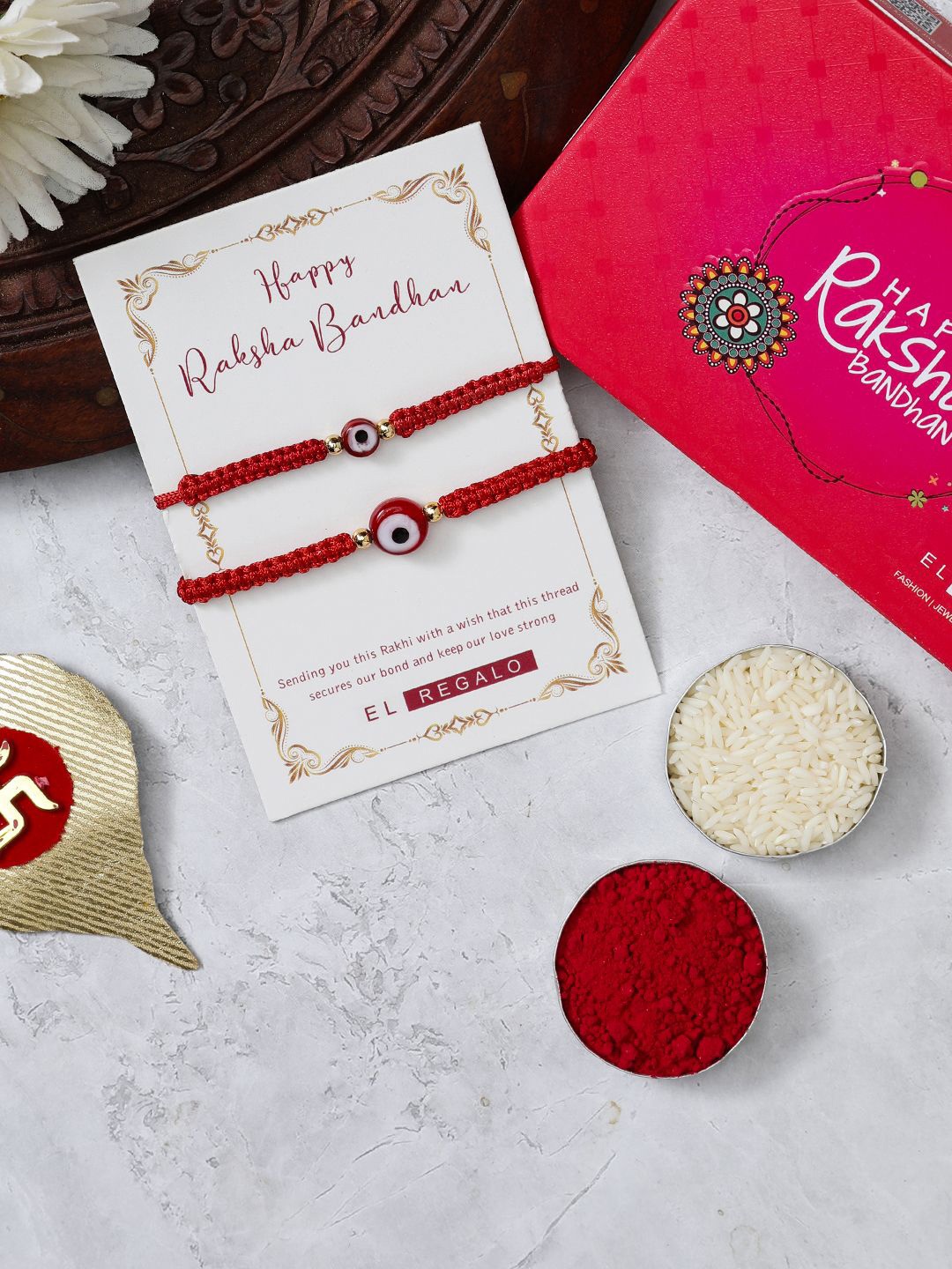 

EL REGALO Set of 2 Evil Eye Charm Thread Rakhis, Red