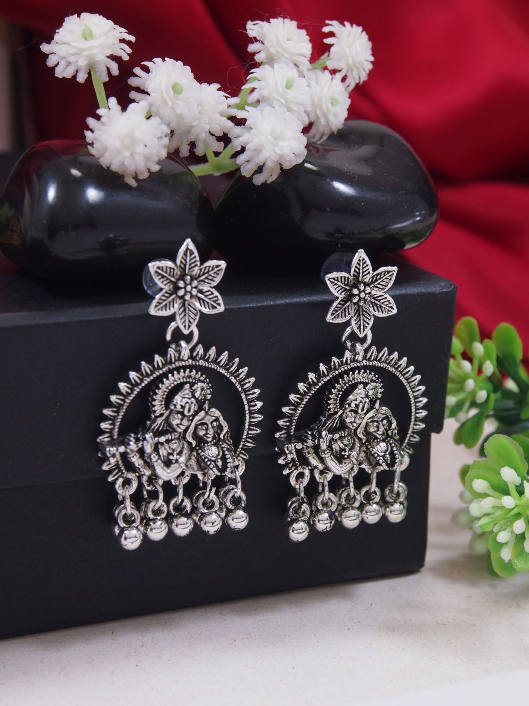 

I Jewels Silver-Plated Radhe Krishna Flute Oxidised Drop Earrings