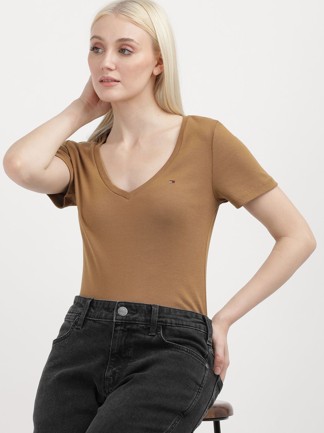 

Tommy Hilfiger Women Solid V-Neck Cotton T-shirt, Brown