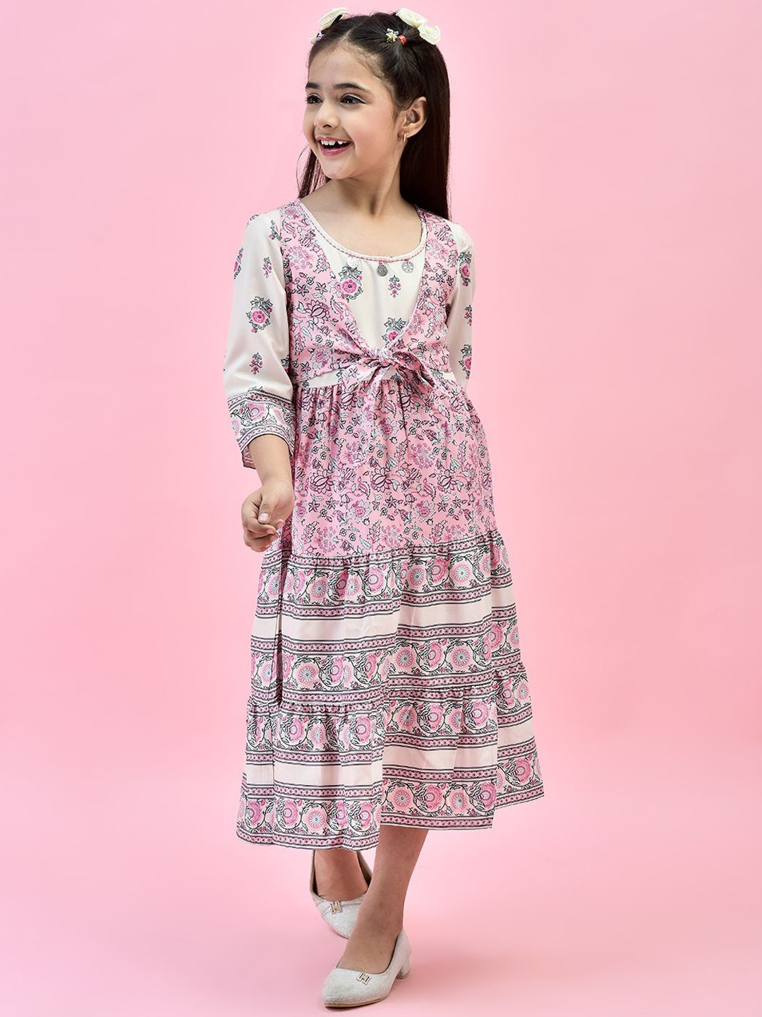 

Juniper Girls Floral Printed Puff Sleeves Fit and Flare Dresses, Pink