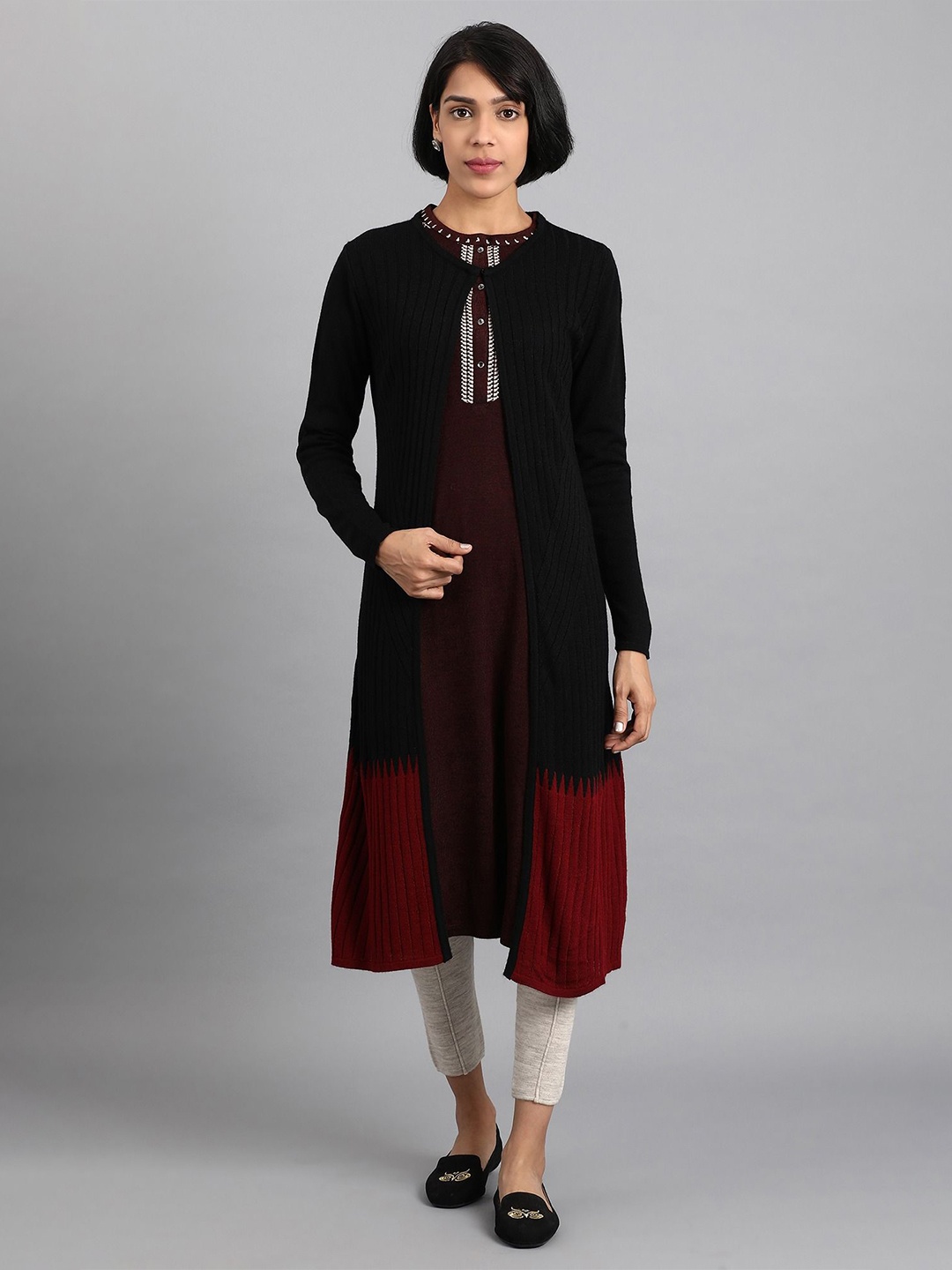 

W Women Striped Polyester PU Coated Cardigan, Black