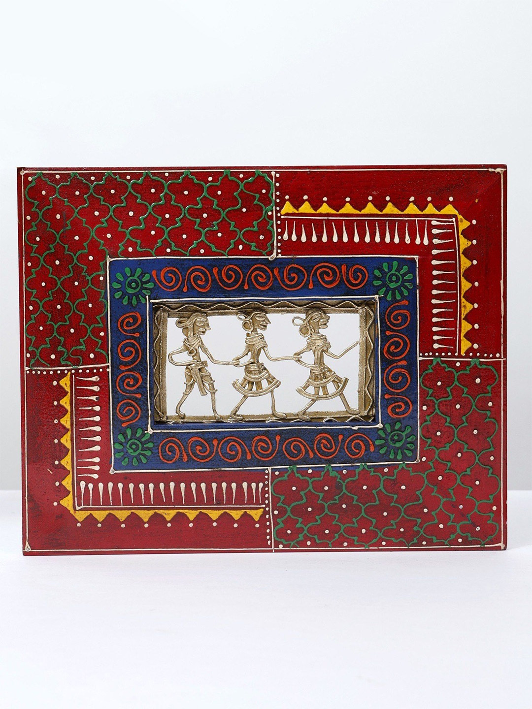 

Exotic India Wood Framed Brass Warli Art Maroon Wall Hanging