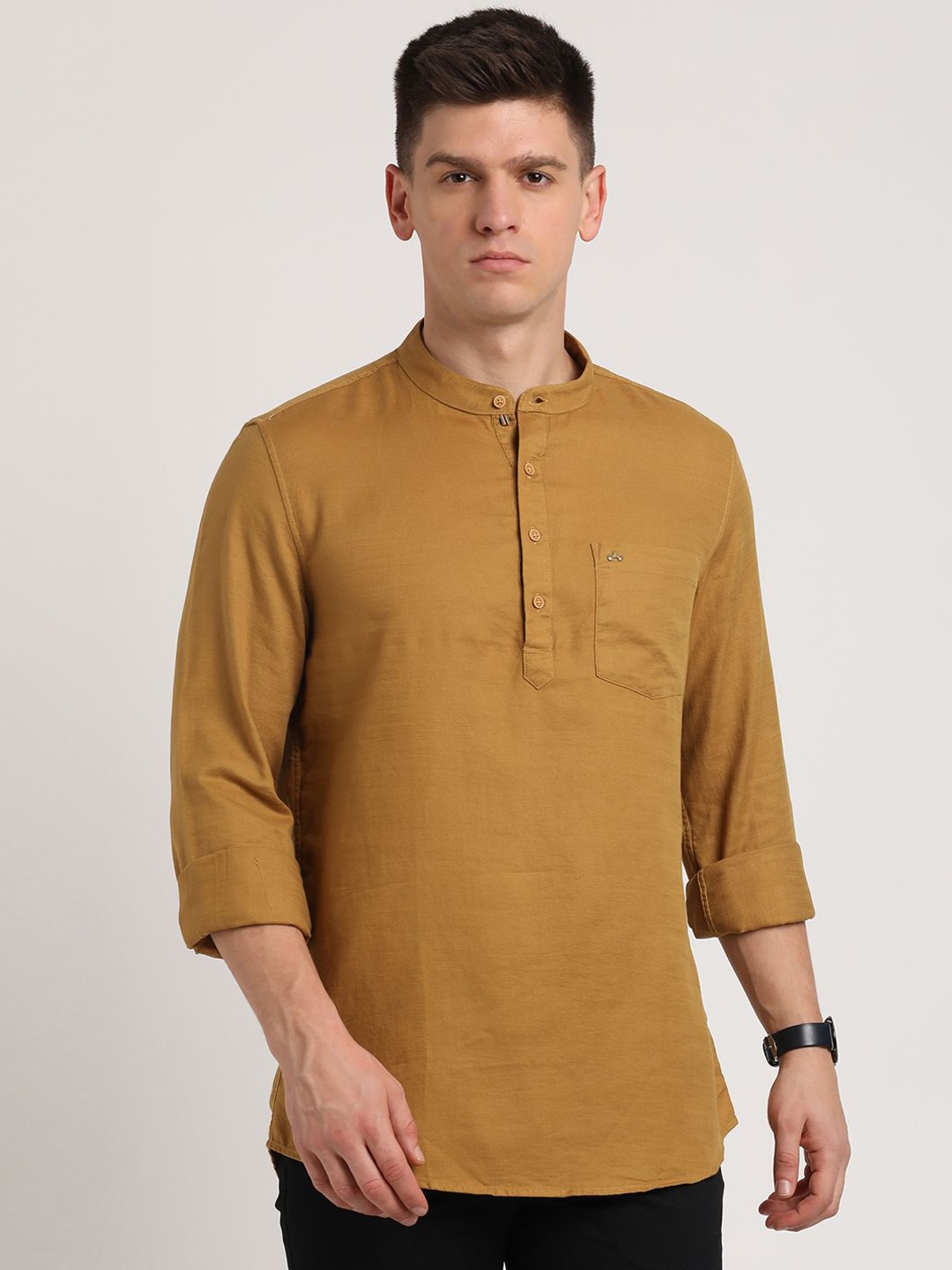 

Turtle Mandarin Collar Pure Cotton Straight Kurta, Brown