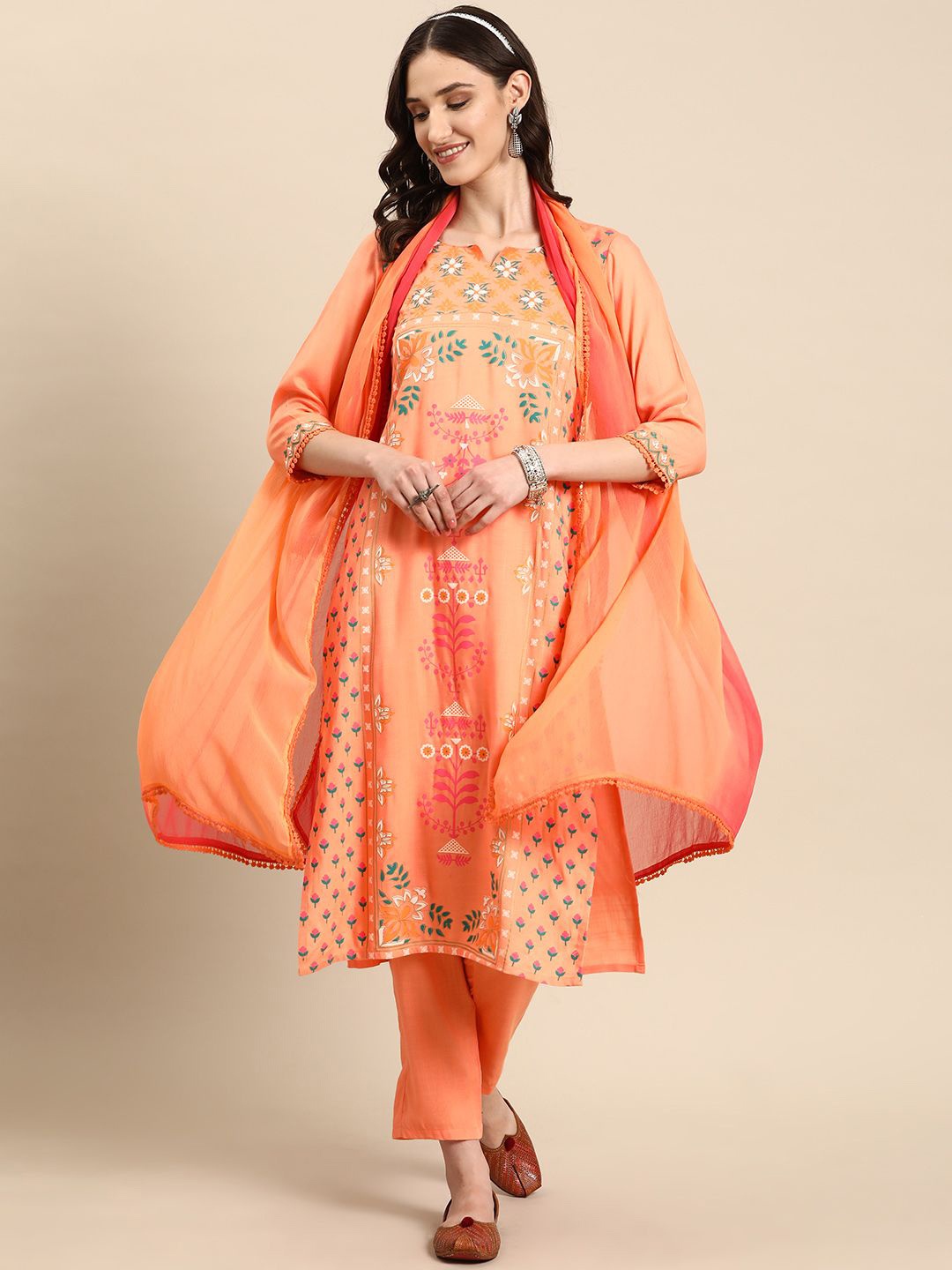 

all about you Floral Printed Regular Pure Cotton Straight Kurta With Trousers & Dupatta, Peach