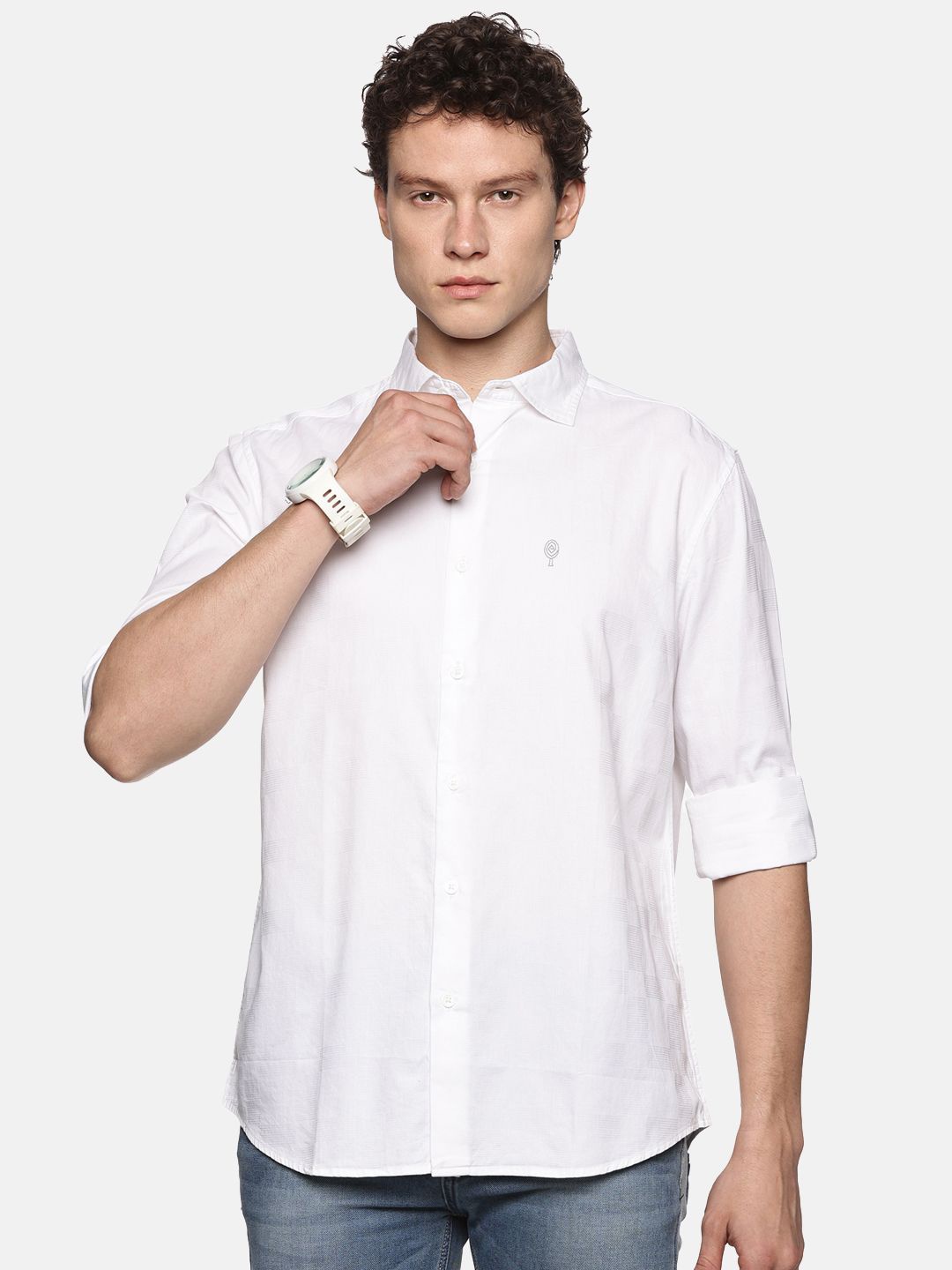 

Melvin Jones Men Comfort Spread Collar Textured Solid Cotton Casual Shirt, White