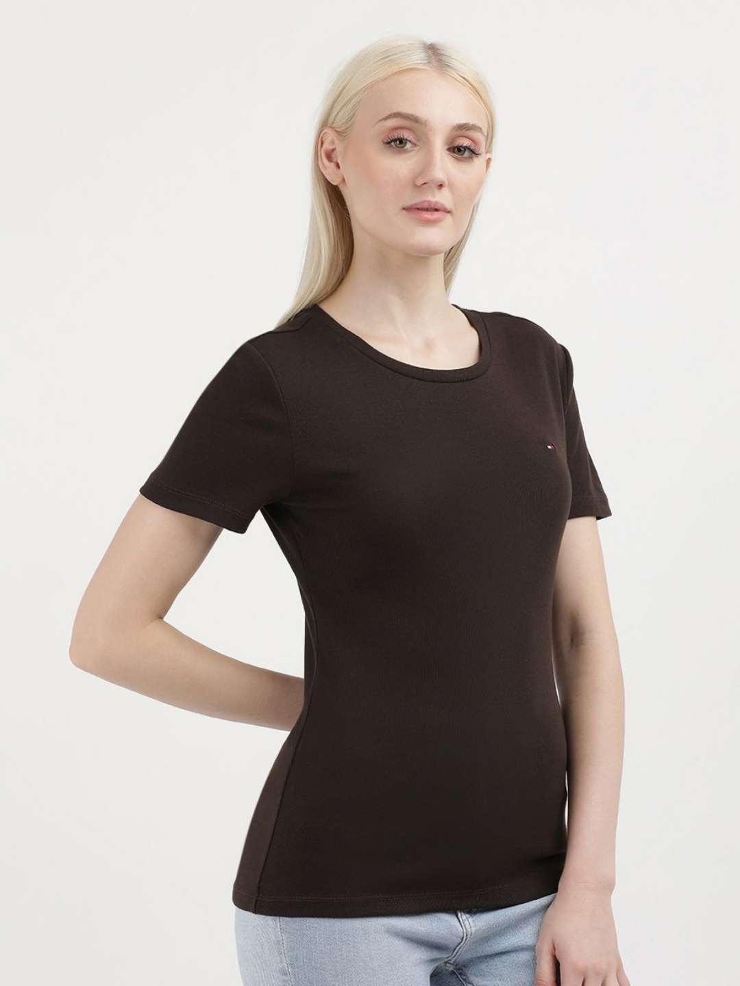 

Tommy Hilfiger Women Solid Round Neck Cotton T-shirt, Brown
