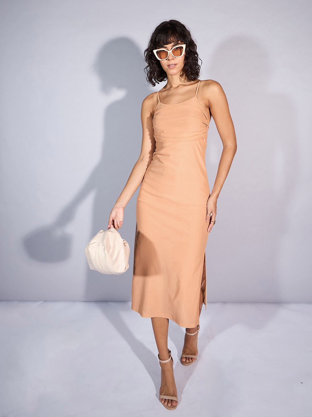 

SASSAFRAS Shoulder Strap Sheath Midi Dress, Peach