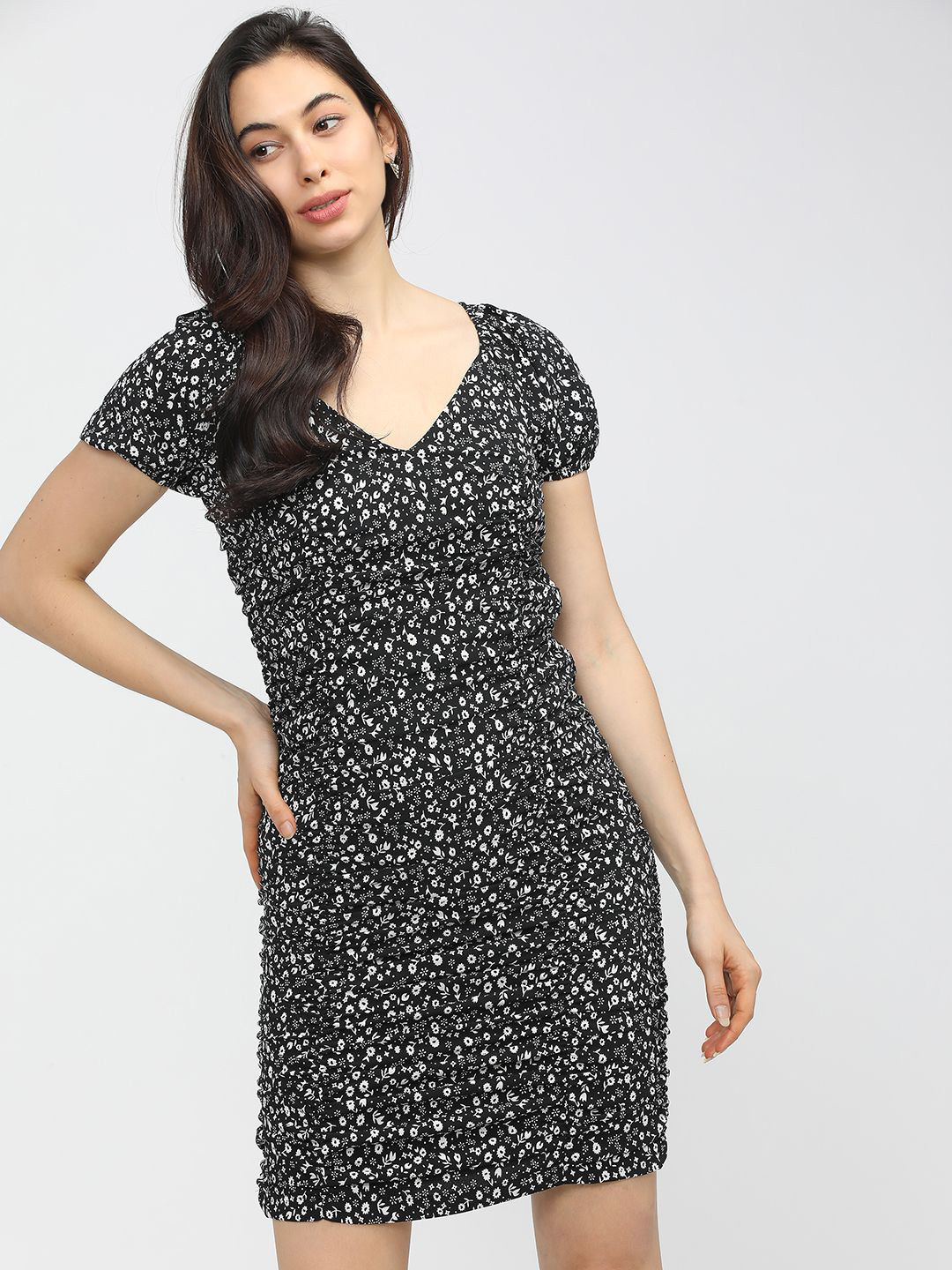 

Tokyo Talkies Floral Printed Puff Sleeves Sheath Dress, Black