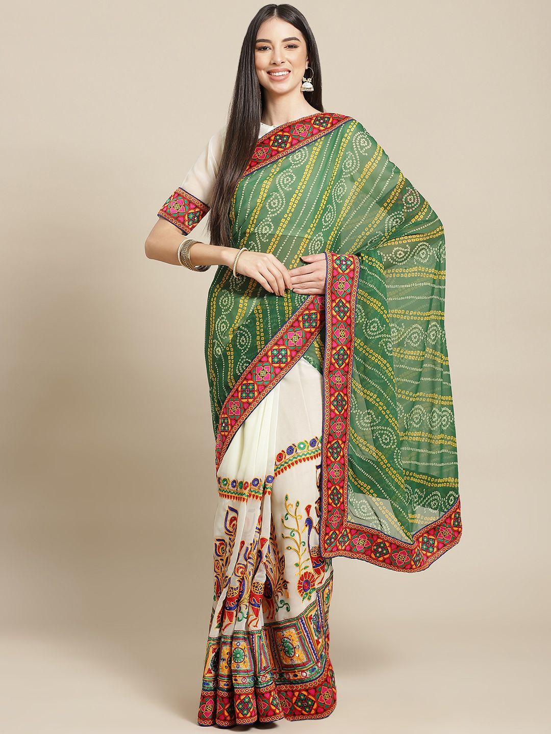 

KALINI Bandhani Embroidered Pure Georgette Green And White Saree