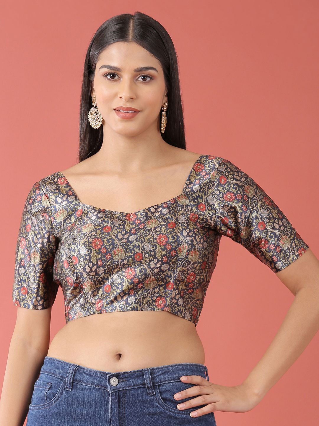 

panchhi Floral Printed Short Sleeves Saree Blouse, Navy blue