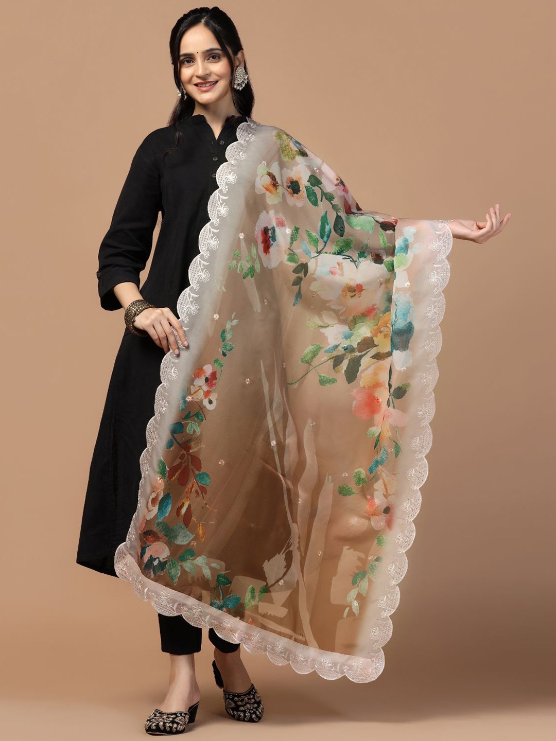 

Kaizen TEXO FAB Sequinned Floral Printed Organza Dupatta, Brown