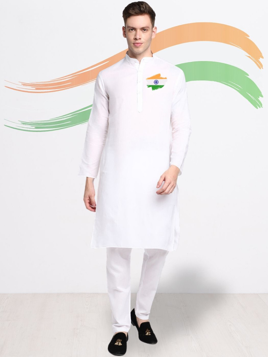 

DEVOILER Mandarin Collar Long Sleeves Printed Cotton Straight Kurta, White