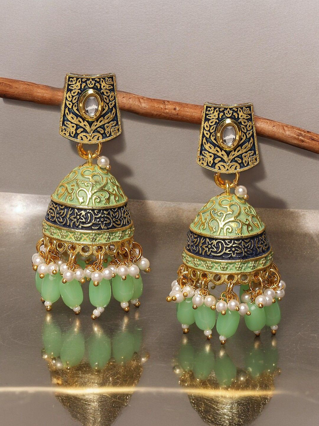 

Anouk Gold-Toned Meenakari Kundan Studded & Pearl Beaded Jhumkas