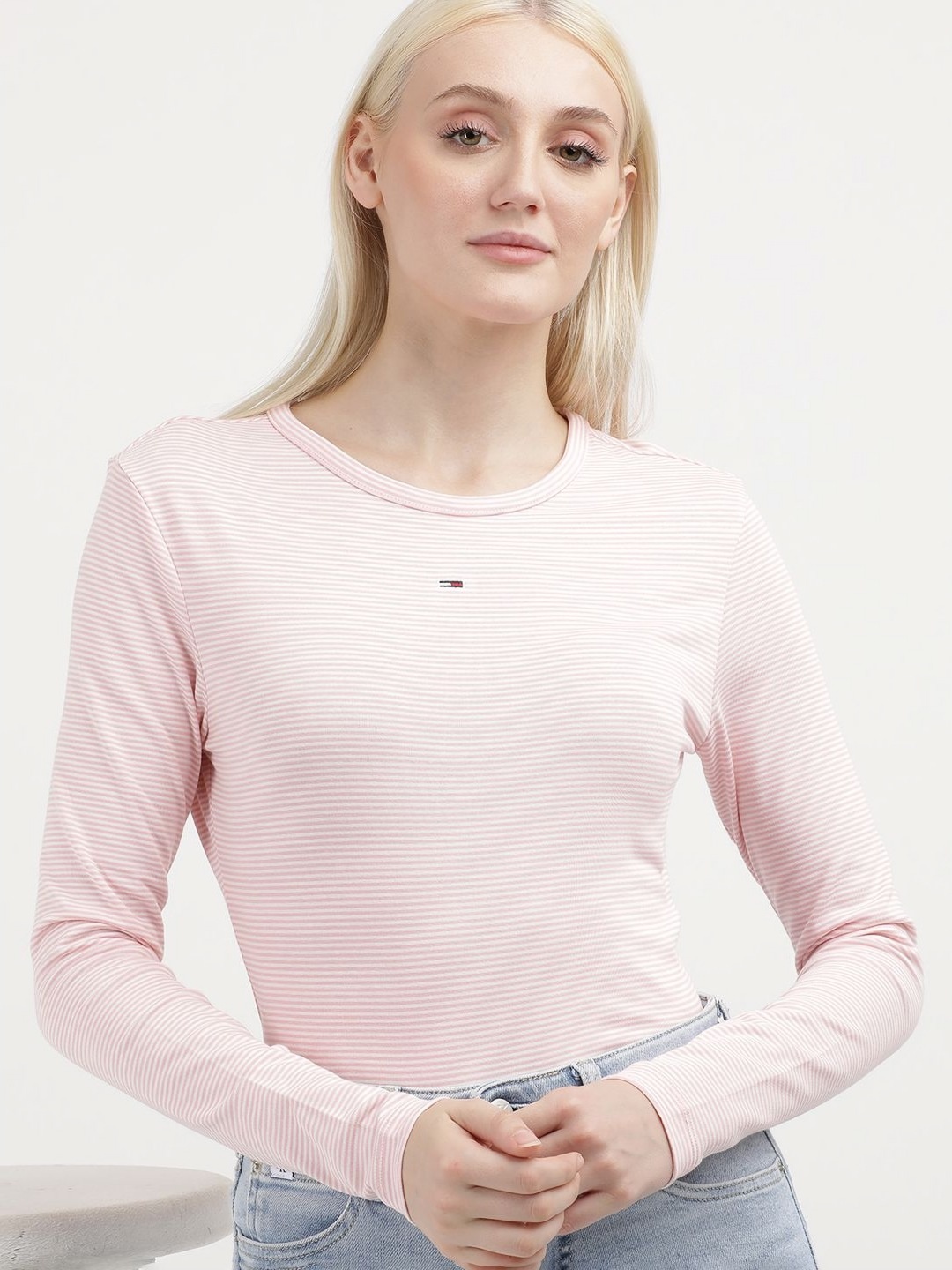 

Tommy Hilfiger Women Striped Round Neck Cotton Slim Fit T-shirt, Pink