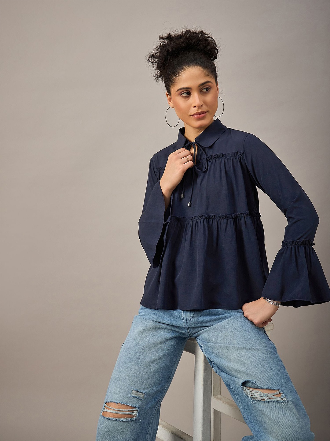 

The Roadster Lifestyle Co Collared Front Tie Ruffled Tops, Blue