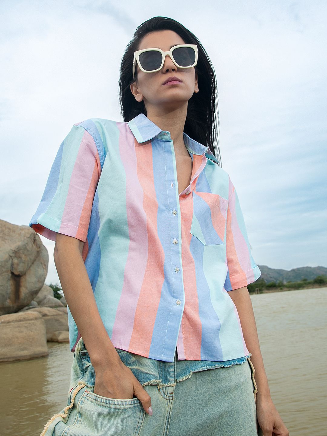 

PINACOLADA Women Relaxed Boxy Opaque Striped Casual Shirt, Multi