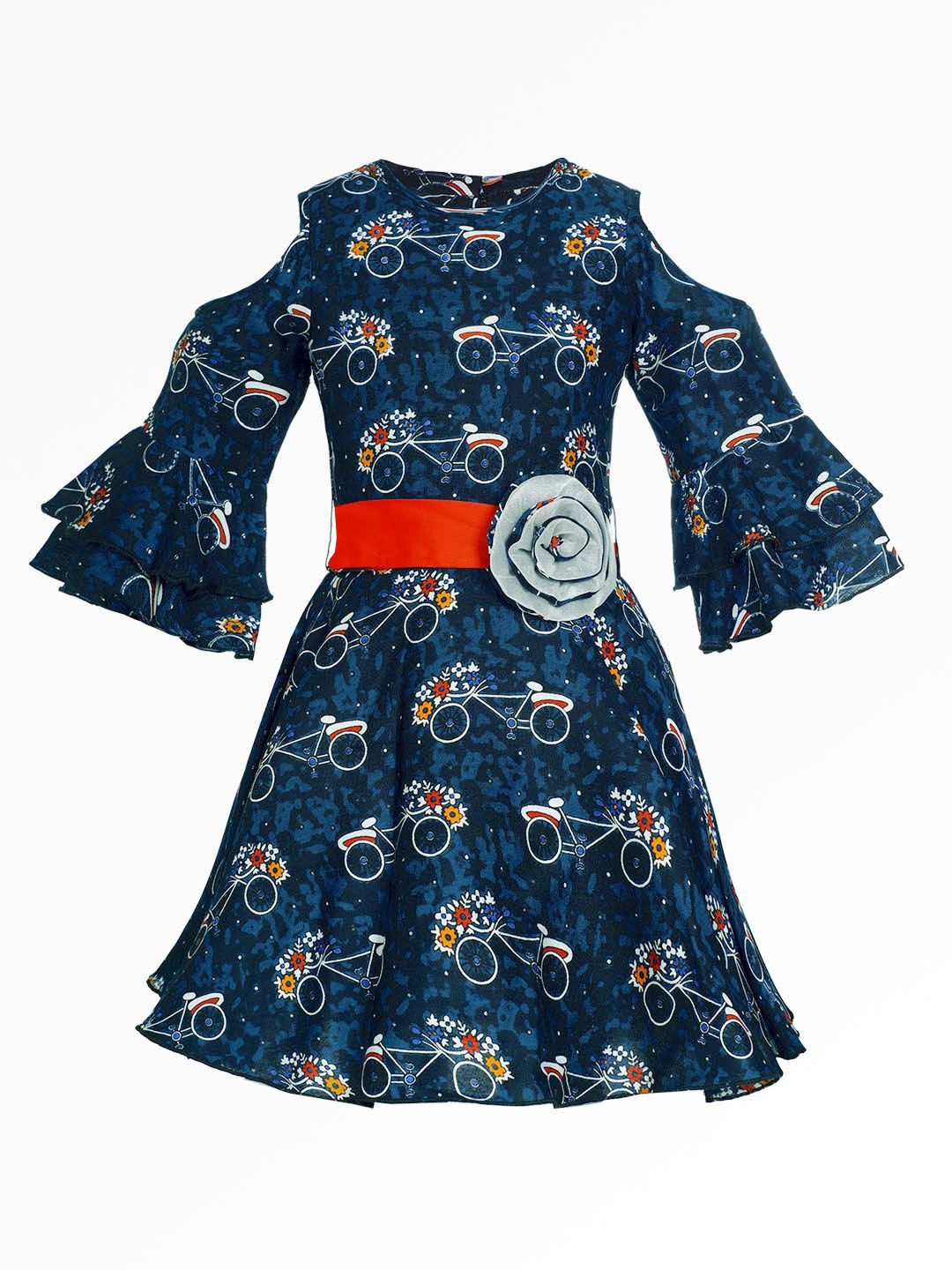 

Naughty Ninos Girls Floral Printed Bell Sleeve Fit & Flare Dress, Navy blue