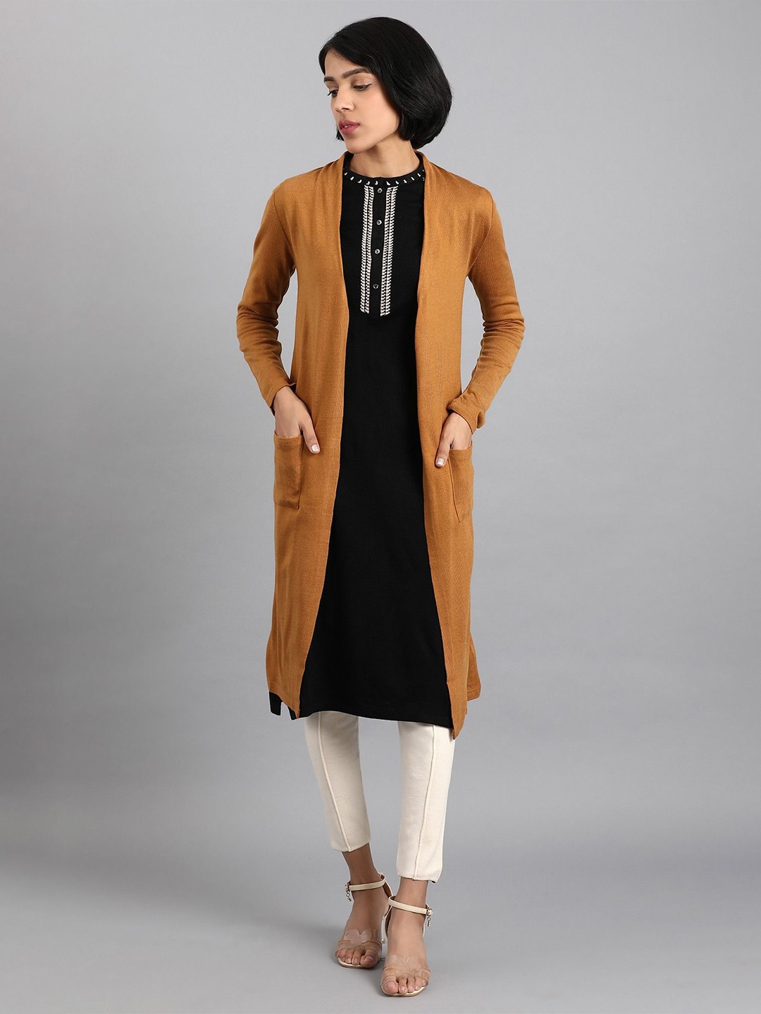 

W Women Polyester PU Coated Longline Cardigan, Yellow