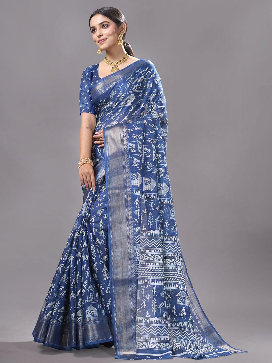 

NIRMAL CREATION Warli Zari Pure Cotton Saree, Blue