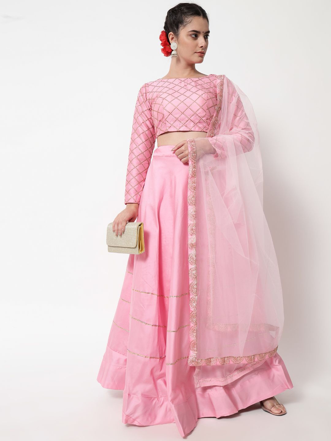 

Fabcartz Embroidered Semi-Stitched Lehenga & Unstitched Blouse With Dupatta, Pink